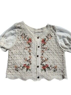 Open Knit Embroidered Floral Crochet Cardigan Ivory Scalloped Cottagecore Boho